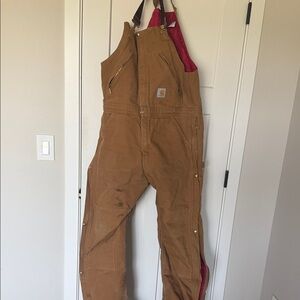 Carhartt Tan Duck Bib Overalls with Red Lining